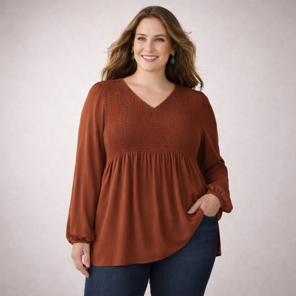 Sonoma Auburn Brown Smocked Vneck Peasant Top